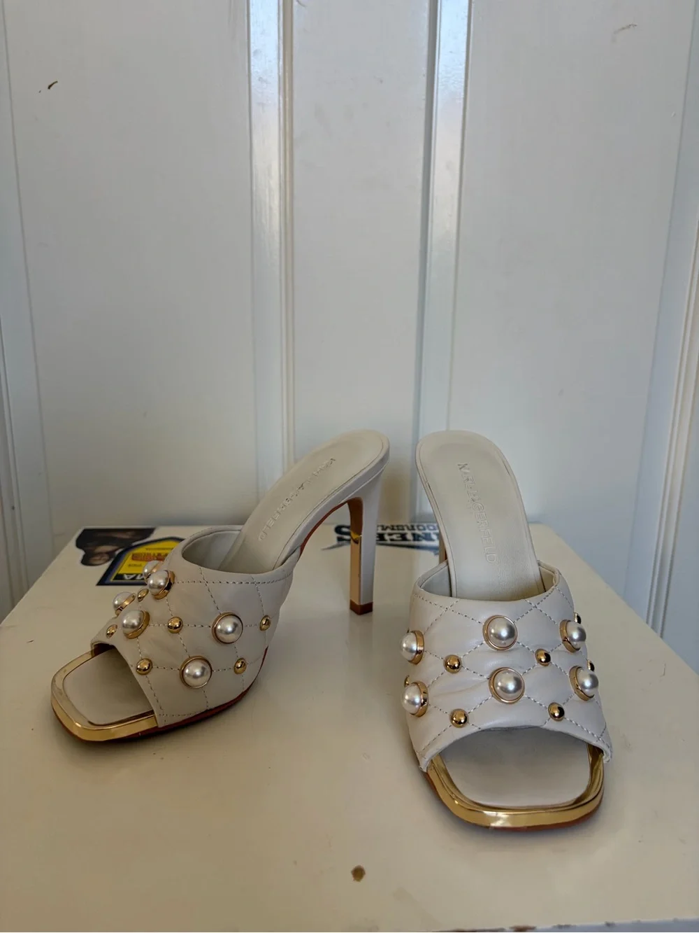 Karl Lagerfeld Ivory Pearl & Gold Stud High Heel Mules